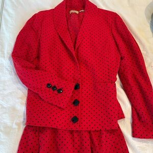 Vintage Valentino Suit. Tomato Red and Black Polka Dot Silk Lined -European 6